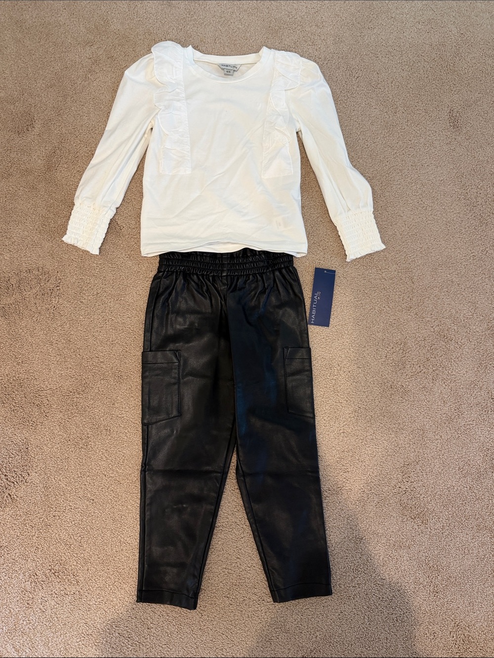 Habitual Cream Ruffle-Smock Long Sleeve Top and Black Faux Leather Pants